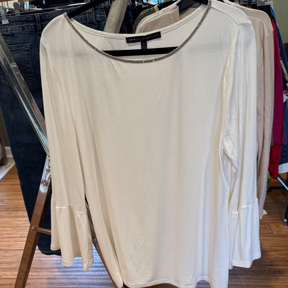 White House Black Market Ivory Blouse with Metallic Trim